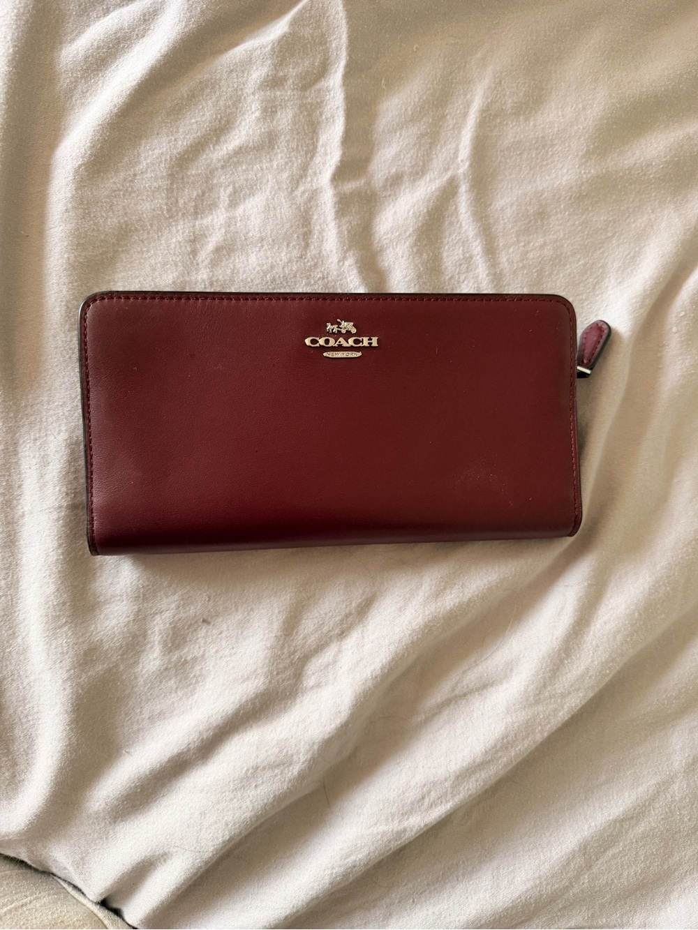 Coach Burgundy Zip-Around Leather Wallet with Silver Logo
